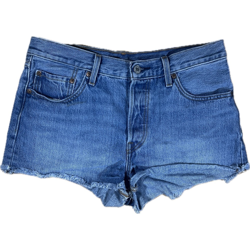 Levi's 501 Cut Off Denim Shorts Womens M Blue Excellent‎ Raw Hem Button Fly Boho